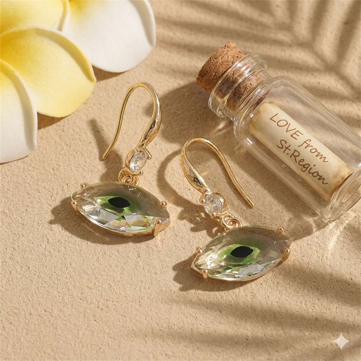 Green Crystal & Cubic Zirconia Goldtone Eye Hook Earrings - Image 2