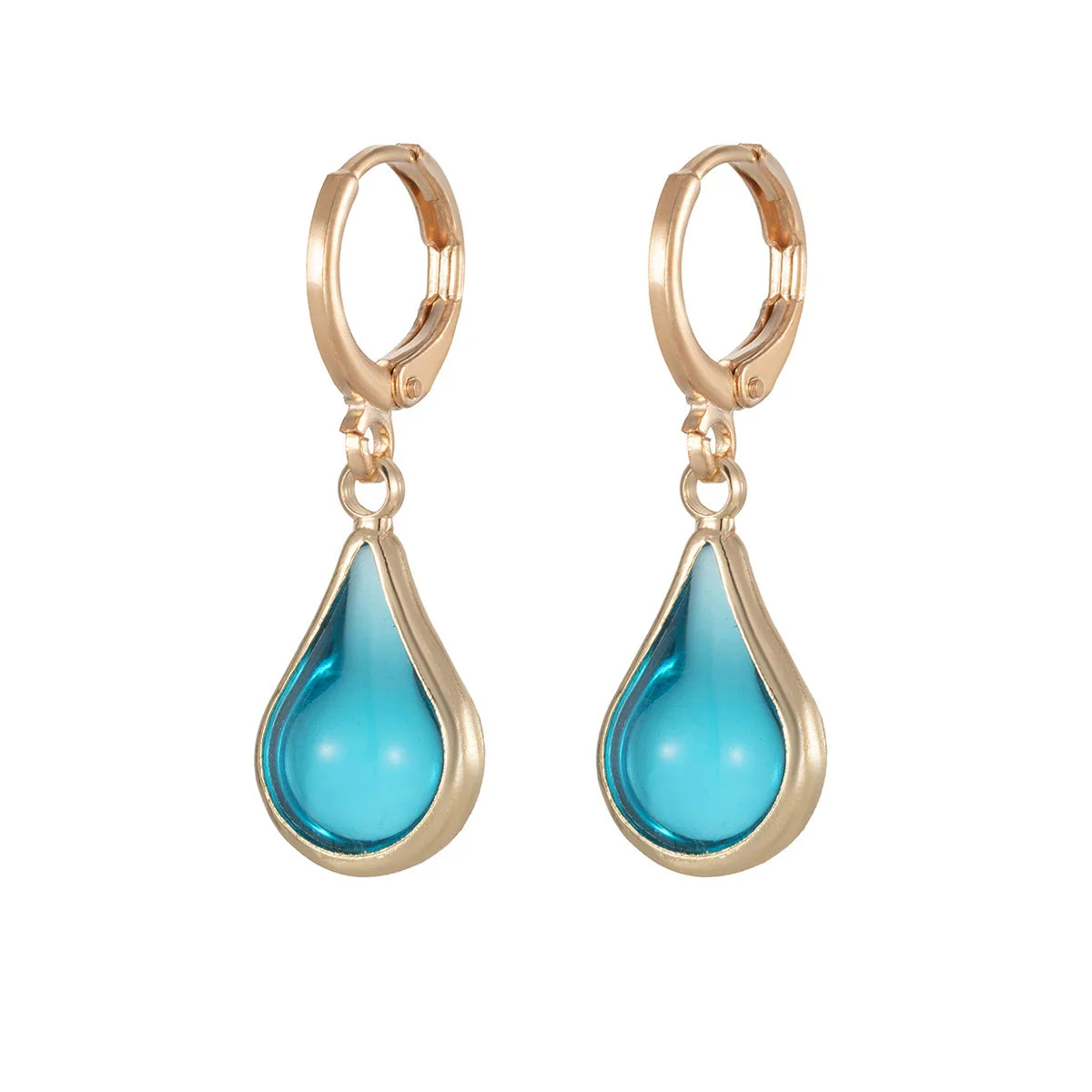 Blue Glass & Goldtone Drop Shape Huggie Earrings