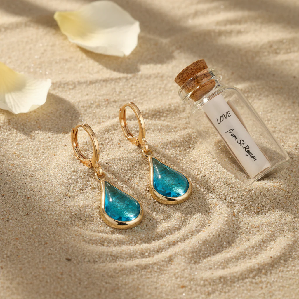 Blue Glass & Goldtone Drop Shape Huggie Earrings - Image 2