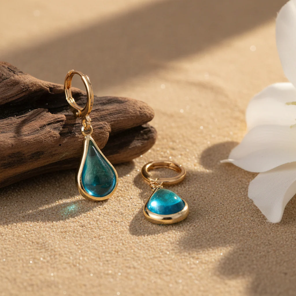 Blue Glass & Goldtone Drop Shape Huggie Earrings - Image 3