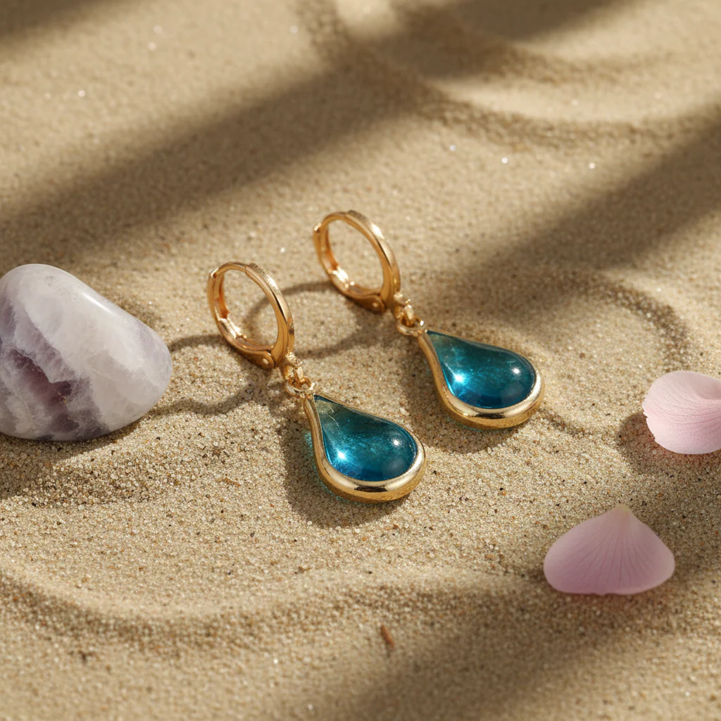 Blue Glass & Goldtone Drop Shape Huggie Earrings - Image 4
