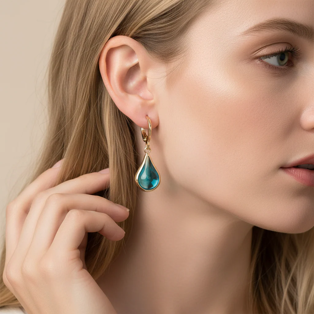Blue Glass & Goldtone Drop Shape Huggie Earrings - Image 5