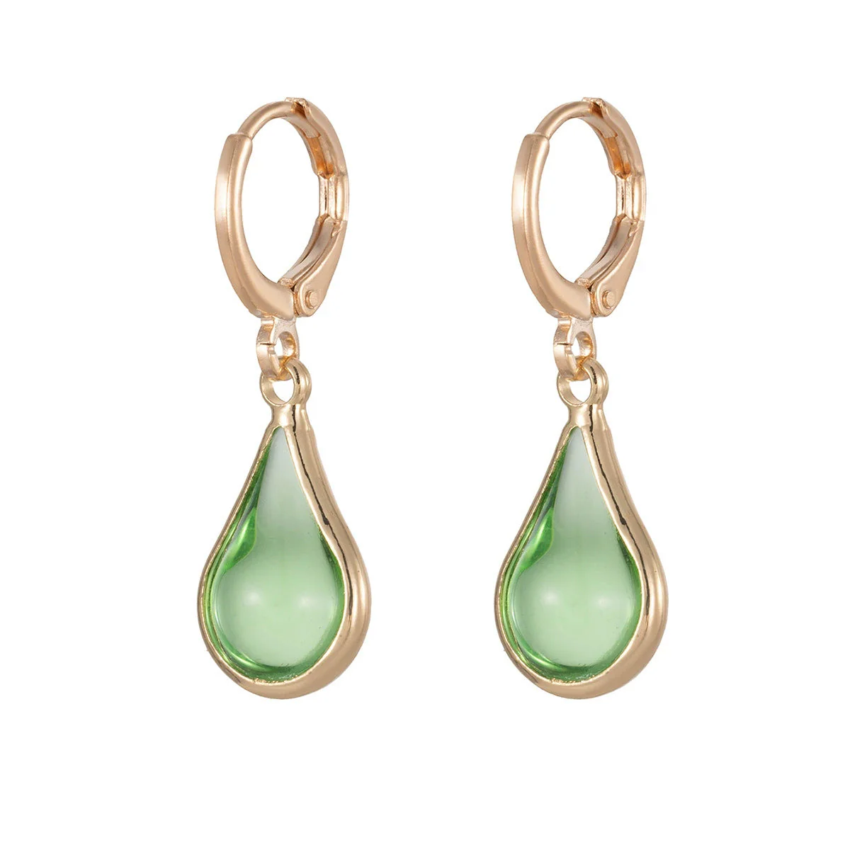 Green Glass & Goldtone Drop Shape Huggie Earrings