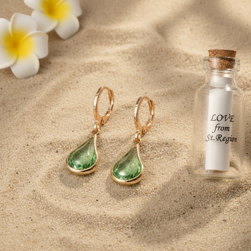Green Glass & Goldtone Drop Shape Huggie Earrings - Image 2