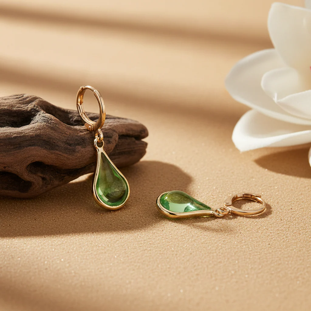 Green Glass & Goldtone Drop Shape Huggie Earrings - Image 3