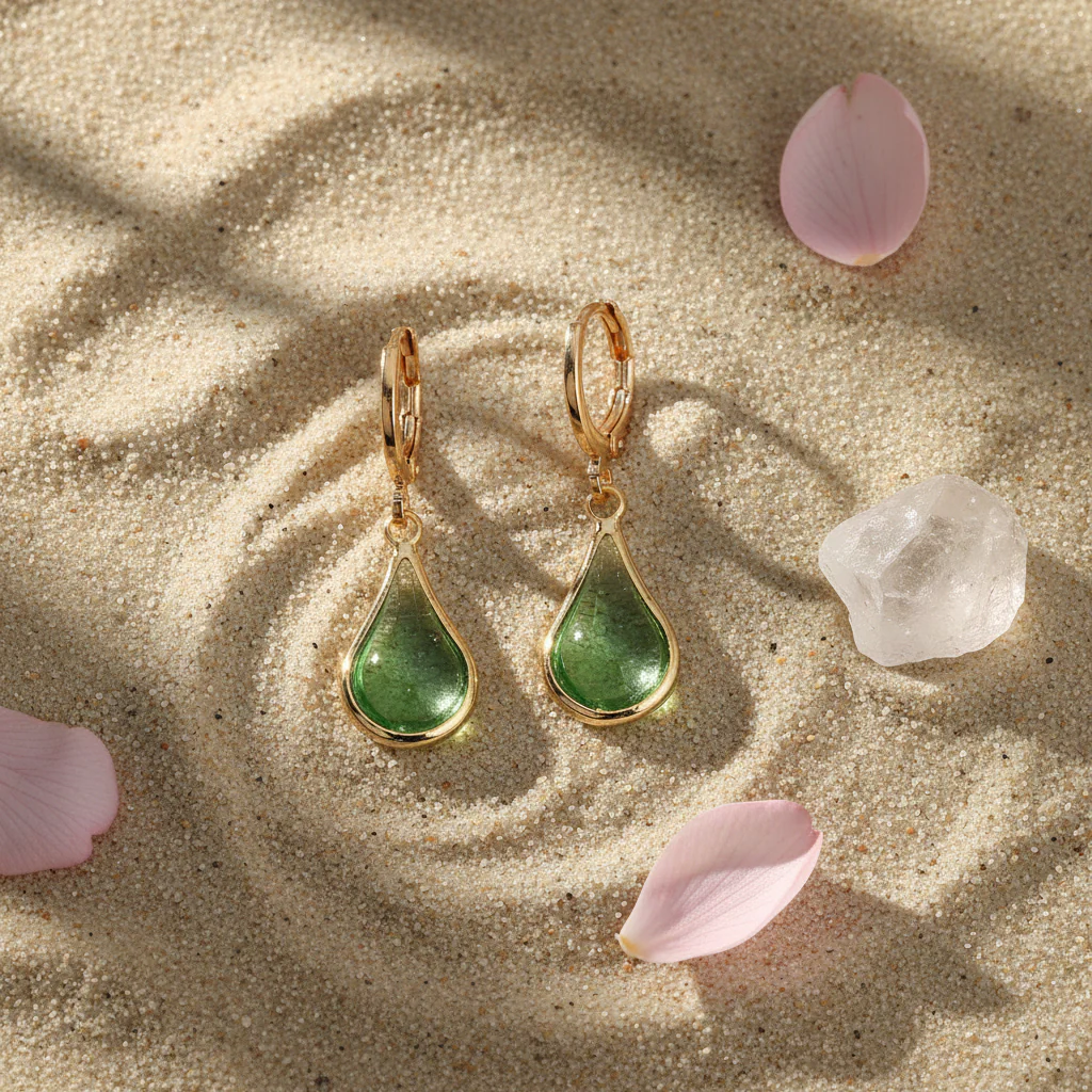 Green Glass & Goldtone Drop Shape Huggie Earrings - Image 4