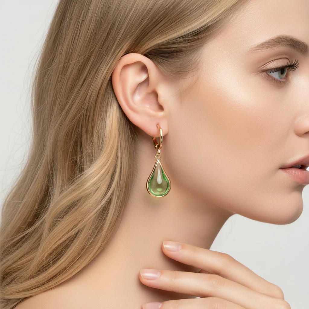 Green Glass & Goldtone Drop Shape Huggie Earrings - Image 5