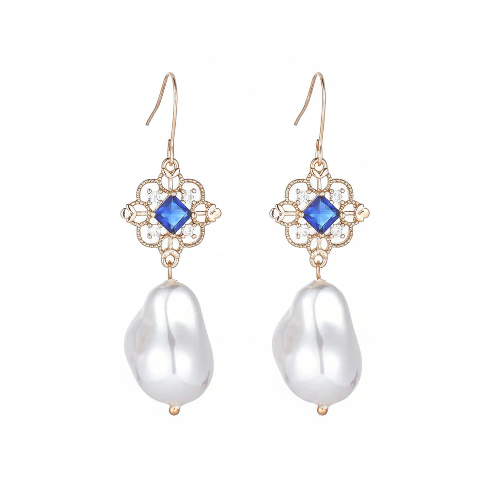 Royal Blue Crystal & Baroque Pearl Floral Rhombus Drop Earrings