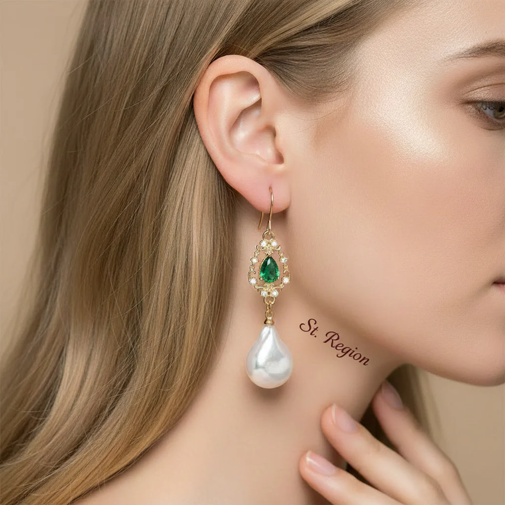 Emerald Crystal & Baroque Pearl Goldtone Teardrop Hook Earrings - Image 5
