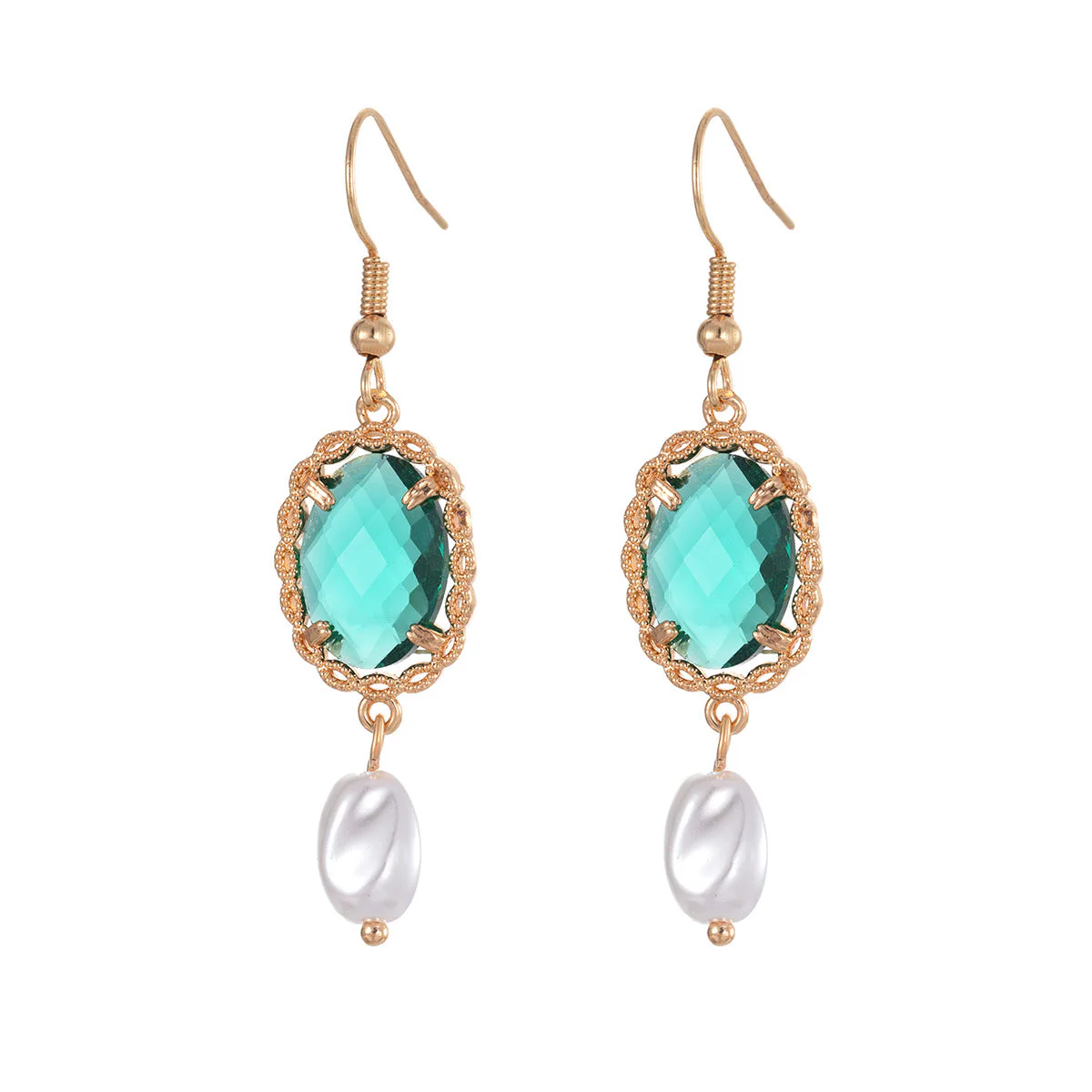 Bluish-Green Crystal & Baroque Pearl Goldtone Oval Hook Earrings