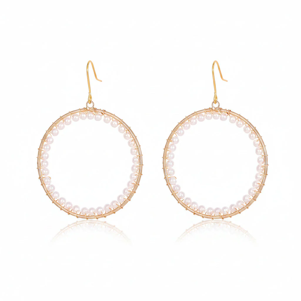 Pearl & Goldtone Beaded Hoop Hook Earrings