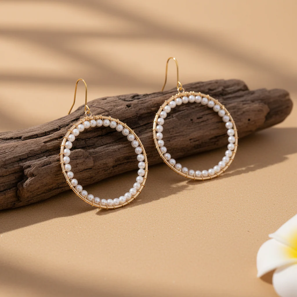 Pearl & Goldtone Beaded Hoop Hook Earrings - Image 3