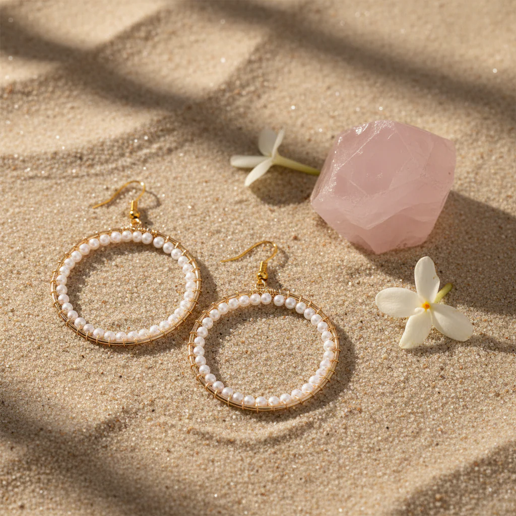Pearl & Goldtone Beaded Hoop Hook Earrings - Image 4