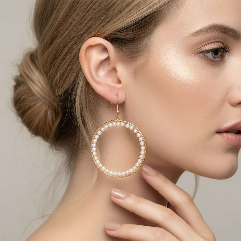 Pearl & Goldtone Beaded Hoop Hook Earrings - Image 5