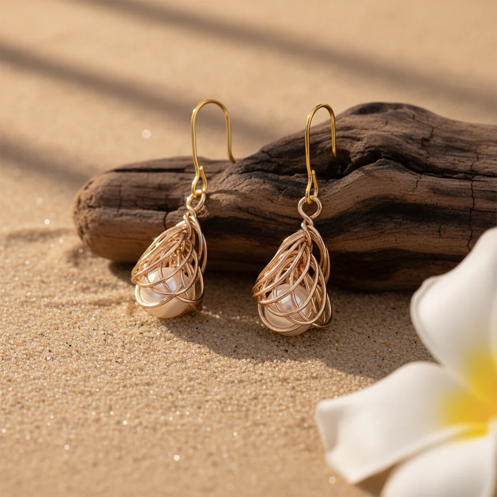 Pearl & Goldtone Sculptural Wire-Wrapped Hook Earrings - Image 3