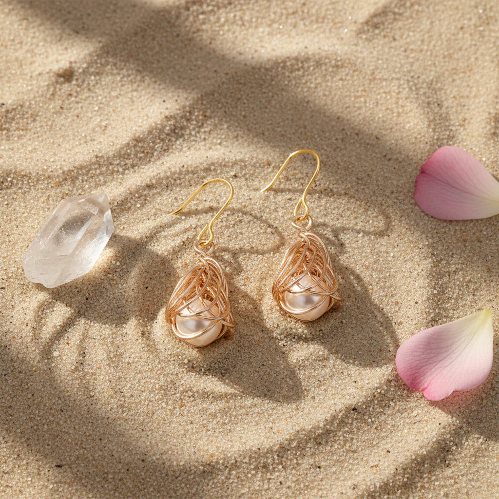 Pearl & Goldtone Sculptural Wire-Wrapped Hook Earrings - Image 4