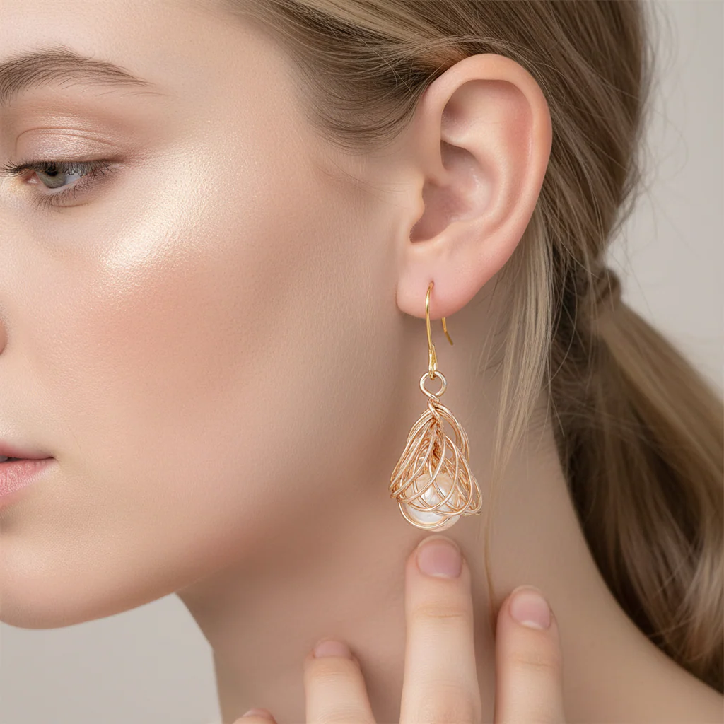 Pearl & Goldtone Sculptural Wire-Wrapped Hook Earrings - Image 5