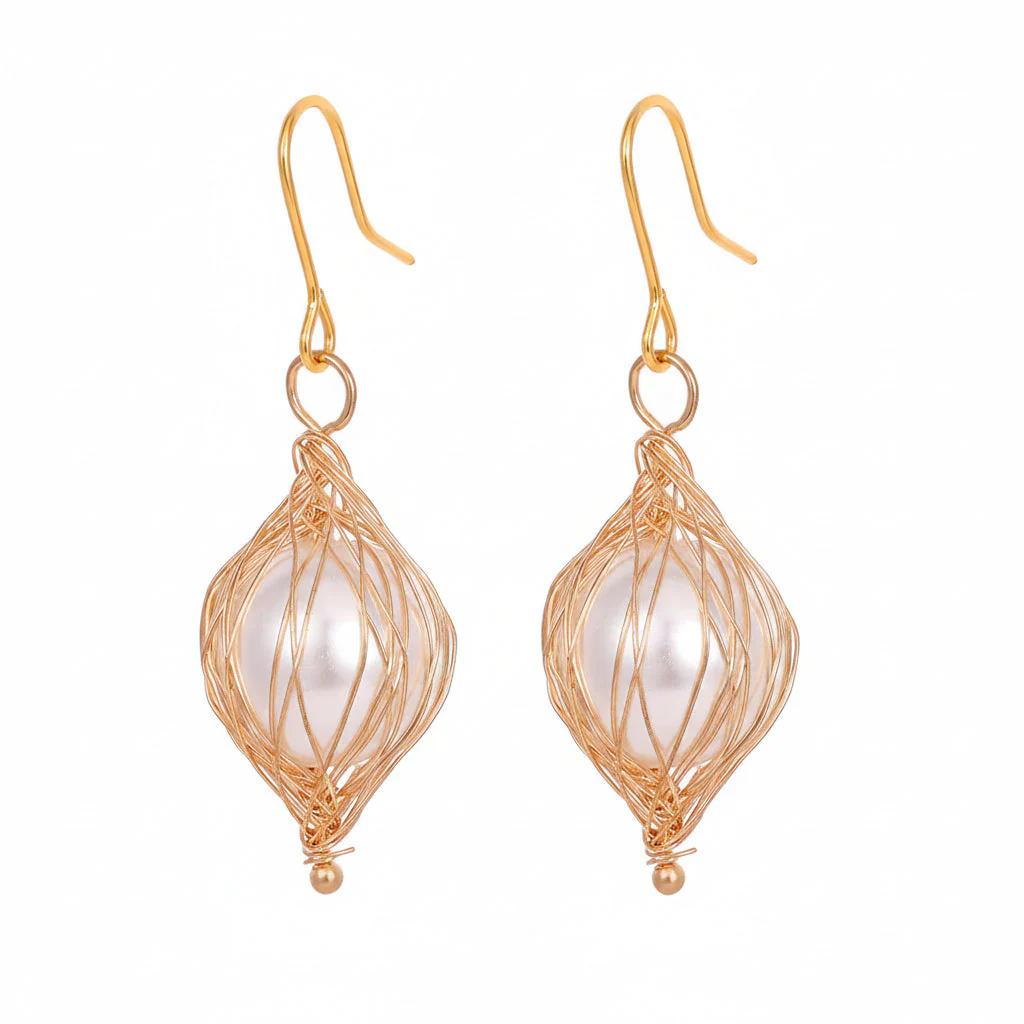 Pearl & Goldtone Artisanal Wire-Mesh Caged Hook Earrings