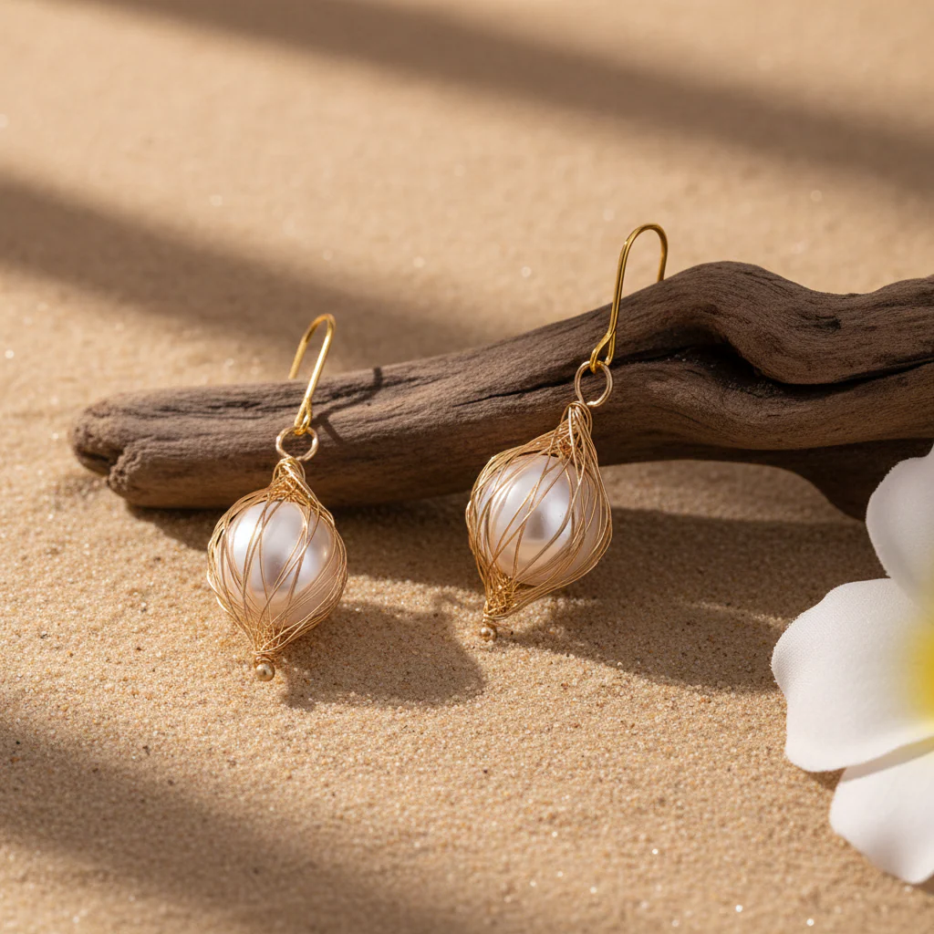 Pearl & Goldtone Artisanal Wire-Mesh Caged Hook Earrings - Image 3