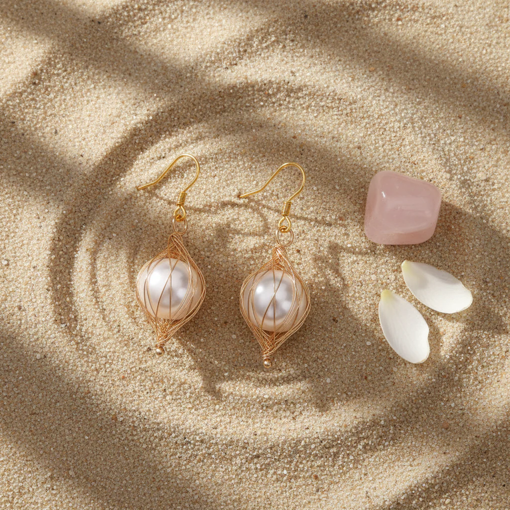 Pearl & Goldtone Artisanal Wire-Mesh Caged Hook Earrings - Image 4
