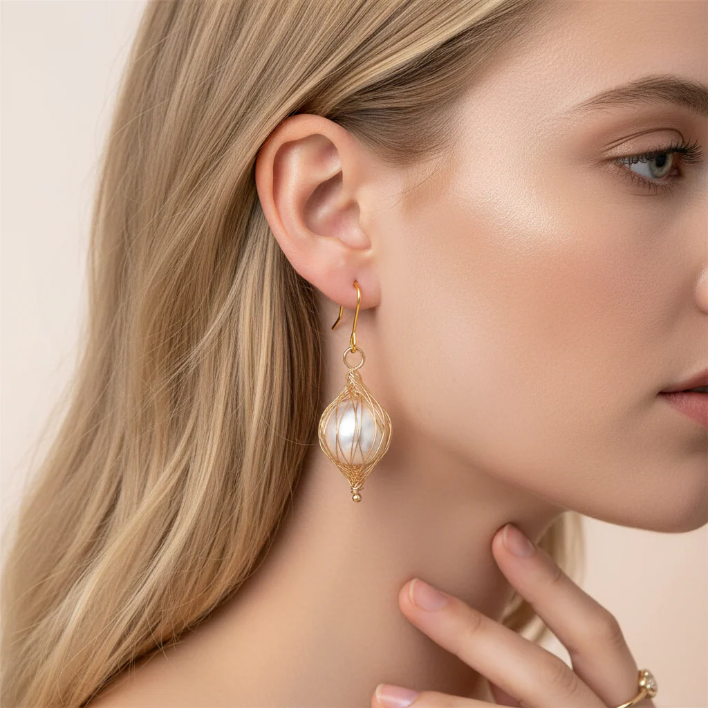 Pearl & Goldtone Artisanal Wire-Mesh Caged Hook Earrings - Image 5