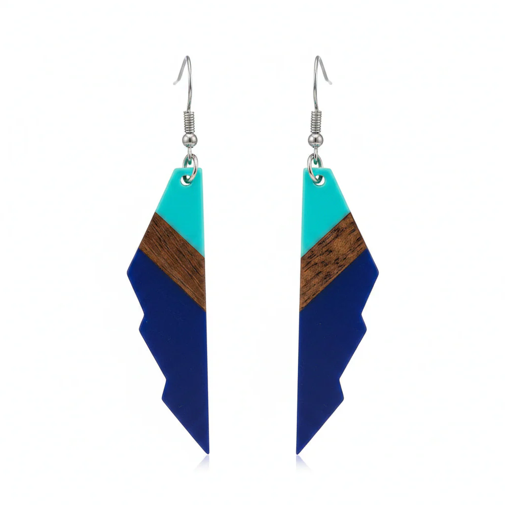 Mint Green & Navy Resin Wood Silvertone Color-Block Wing Hook Earrings