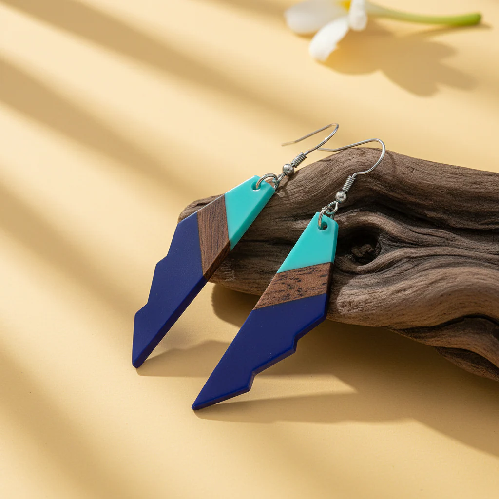 Mint Green & Navy Resin Wood Silvertone Color-Block Wing Hook Earrings - Image 3