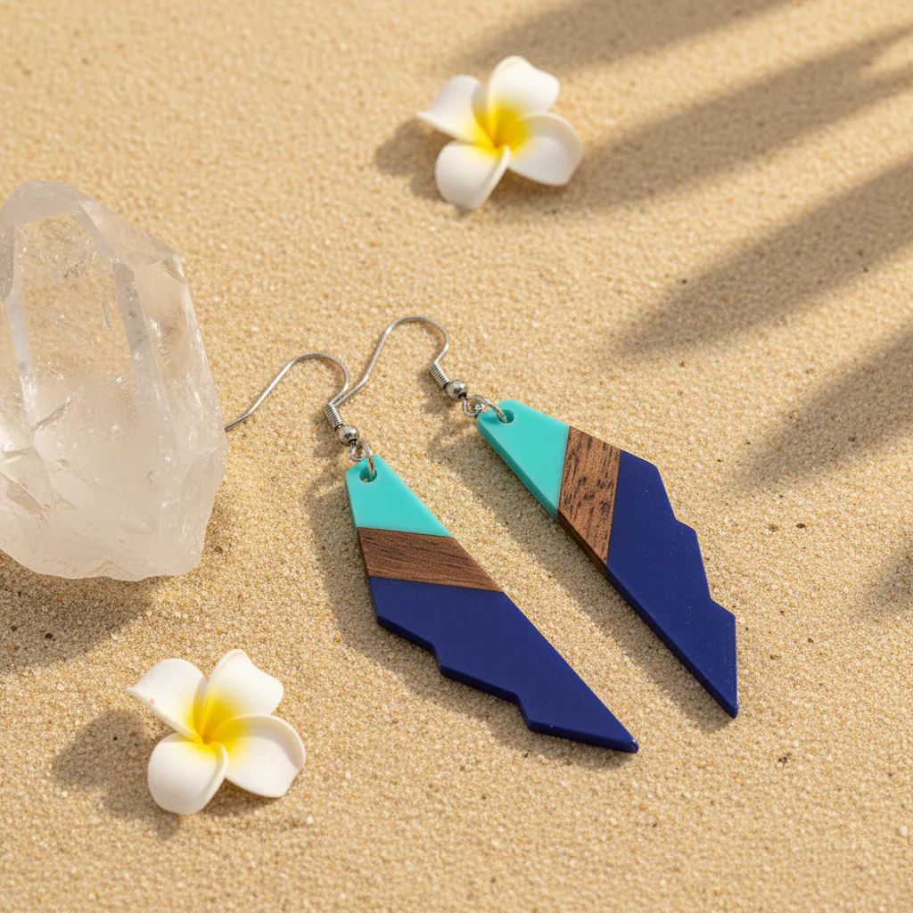 Mint Green & Navy Resin Wood Silvertone Color-Block Wing Hook Earrings - Image 4