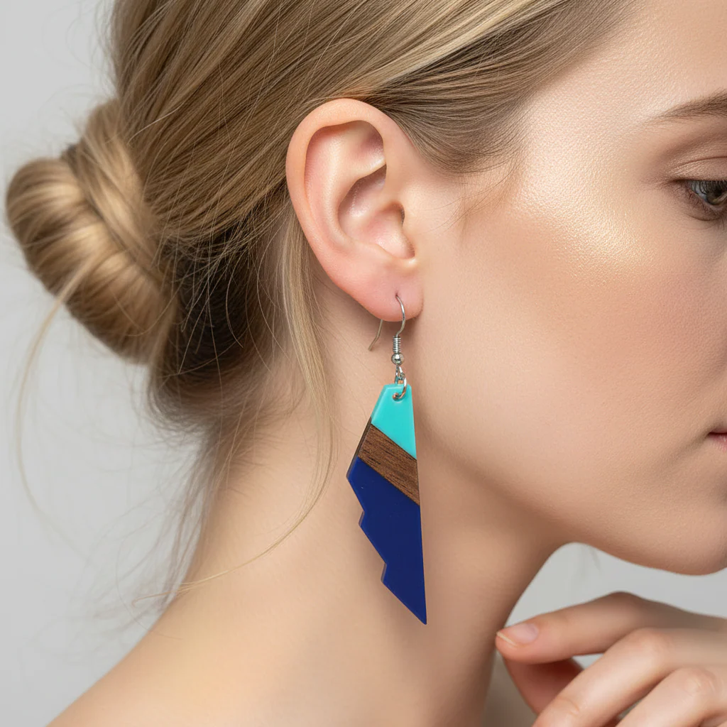Mint Green & Navy Resin Wood Silvertone Color-Block Wing Hook Earrings - Image 5