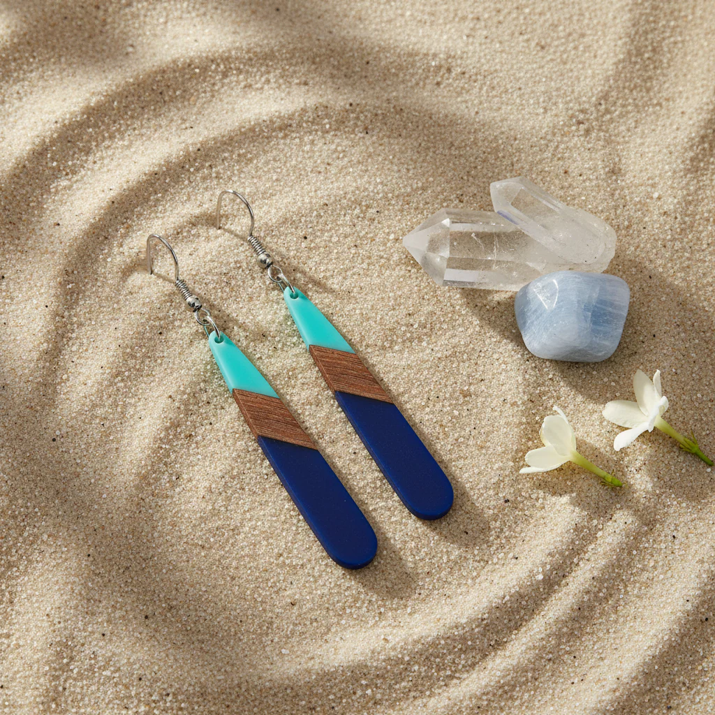 Mint Green & Navy Resin Wood Silvertone Color-Block Teardrop Hook Earrings - Image 3