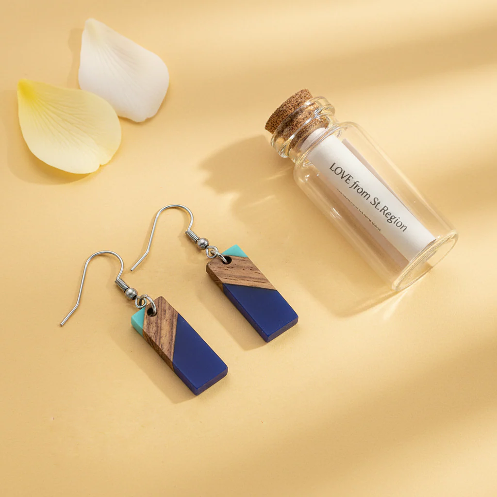 Mint Green & Navy Resin Wood Silvertone Color-Block Rectangle Hook Earrings - Image 2