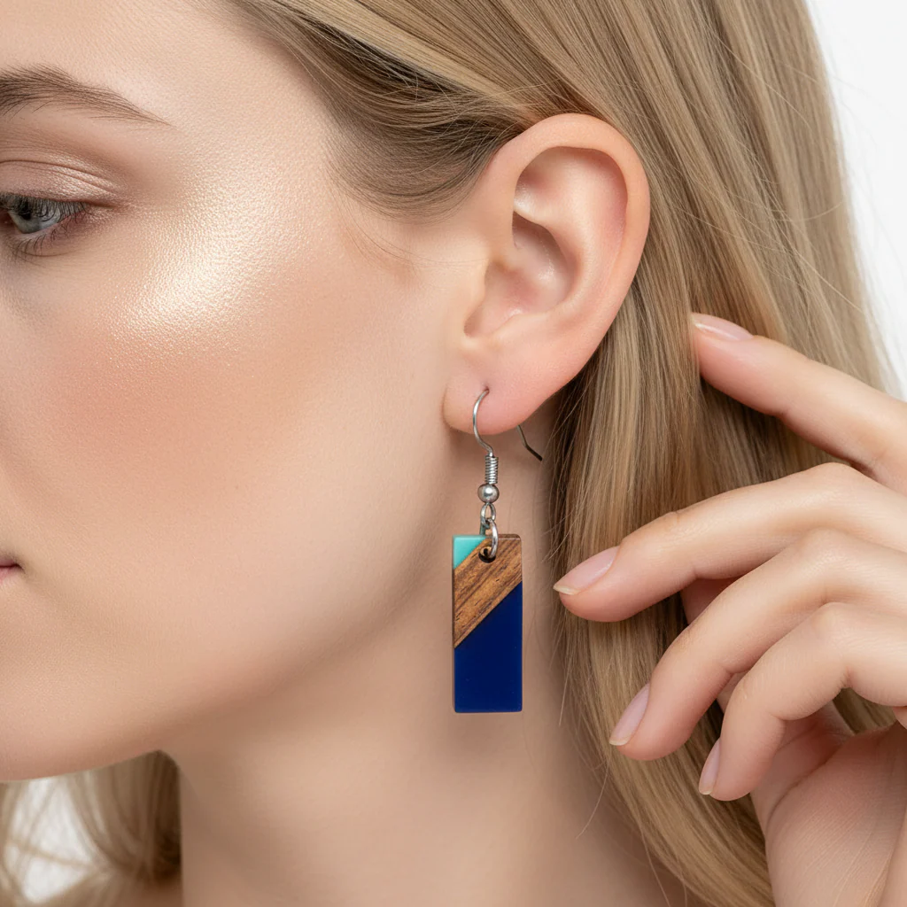 Mint Green & Navy Resin Wood Silvertone Color-Block Rectangle Hook Earrings - Image 5