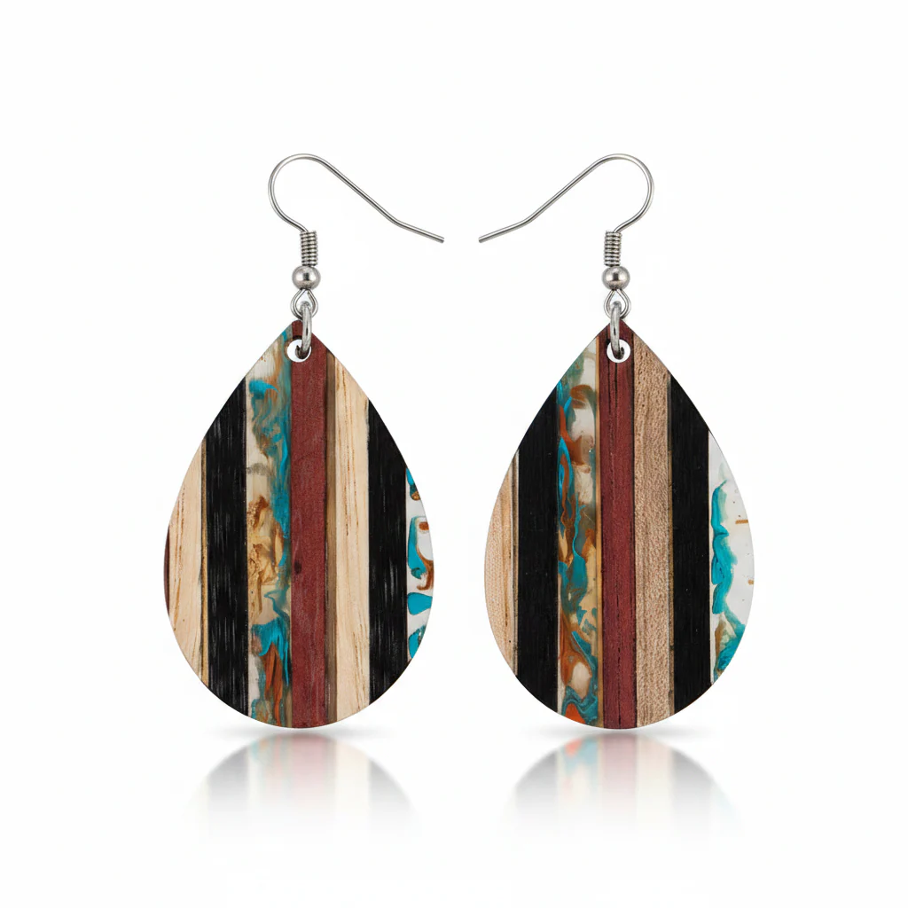 Multi-Colored Resin & Wood Silvertone Striped Teardrop Hook Earrings