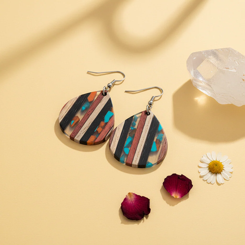 Multi-Colored Resin & Wood Silvertone Striped Pear Hook Earrings - Image 4