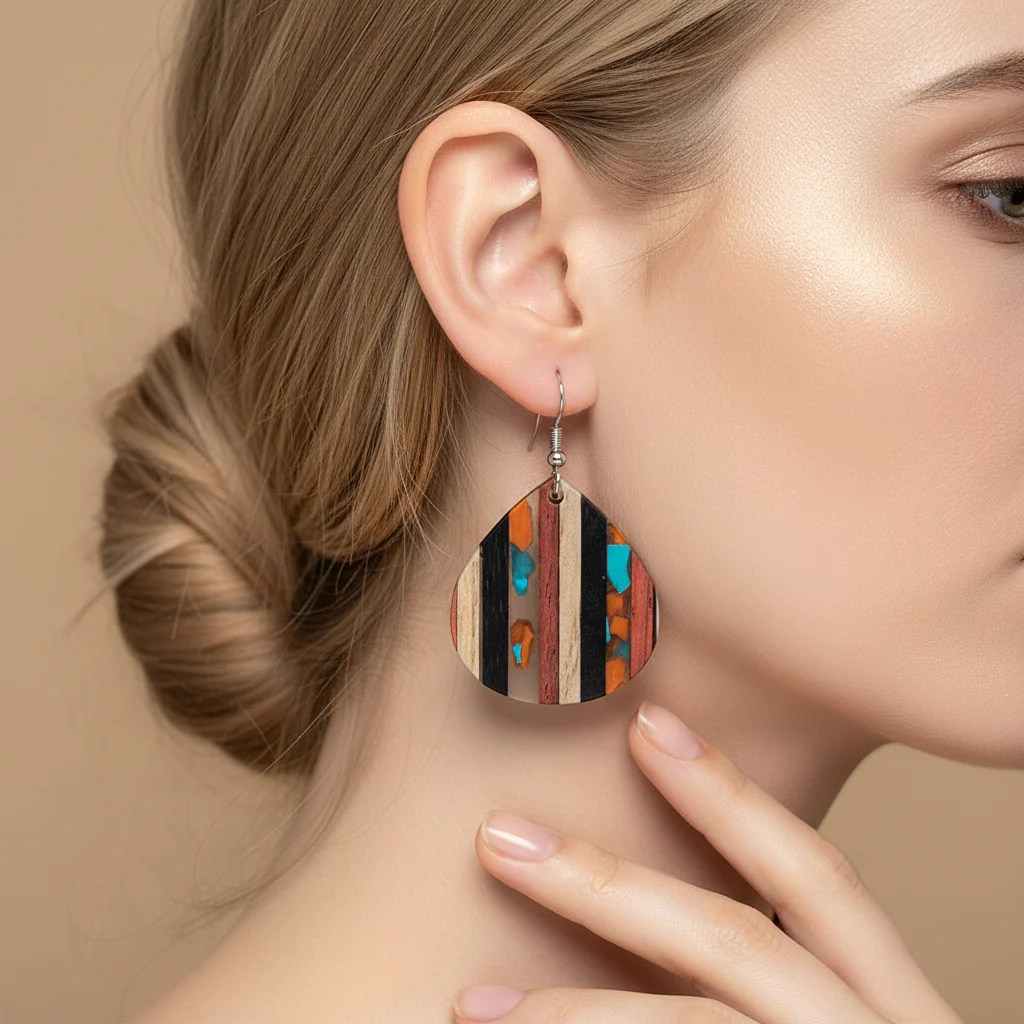 Multi-Colored Resin & Wood Silvertone Striped Pear Hook Earrings - Image 5
