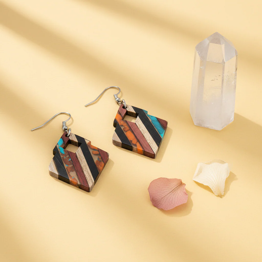 Multi-Colored Resin & Wood Silvertone Striped Stacked Square Hook Earrings - Image 4