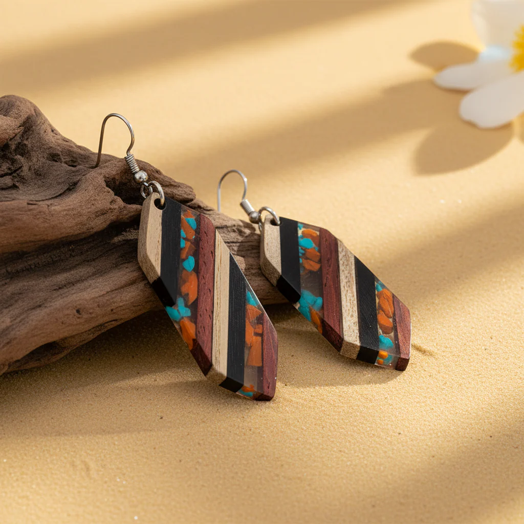Multi-Colored Resin & Wood Silvertone Striped Hexagonal Hook Earrings - Image 2