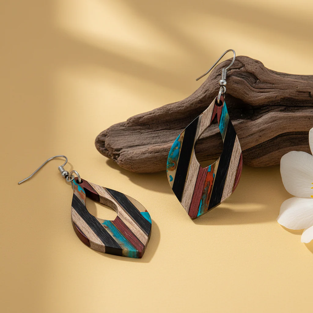 Multi-Colored Resin & Wood Silvertone Striped Almond Hook Earrings - Image 3