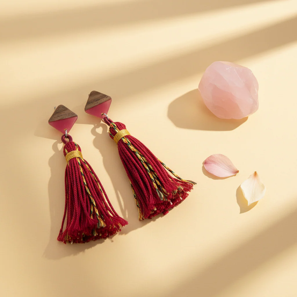 Rose Polyster & Resin Wood Silvertone Tassel Statement Drop Earrings - Image 4