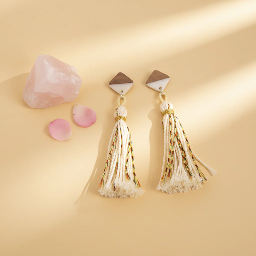White Polyster & Resin Wood Silvertone Tassel Statement Drop Earrings - Image 4