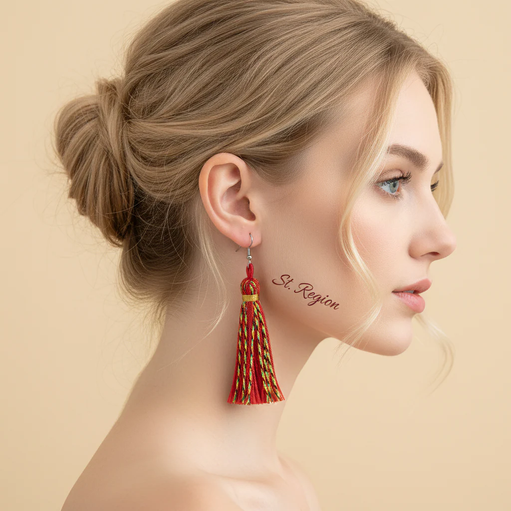 Red Multi-Colored Polyster & Silvertone Tassel Statement Hook Earrings - Image 5
