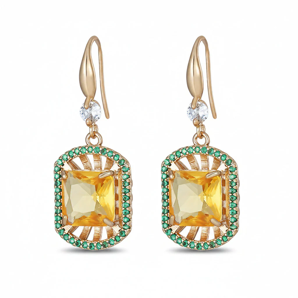 Yellow Crystal & Cubic Zirconia Goldtone Sunburst Spokes Hook Earrings