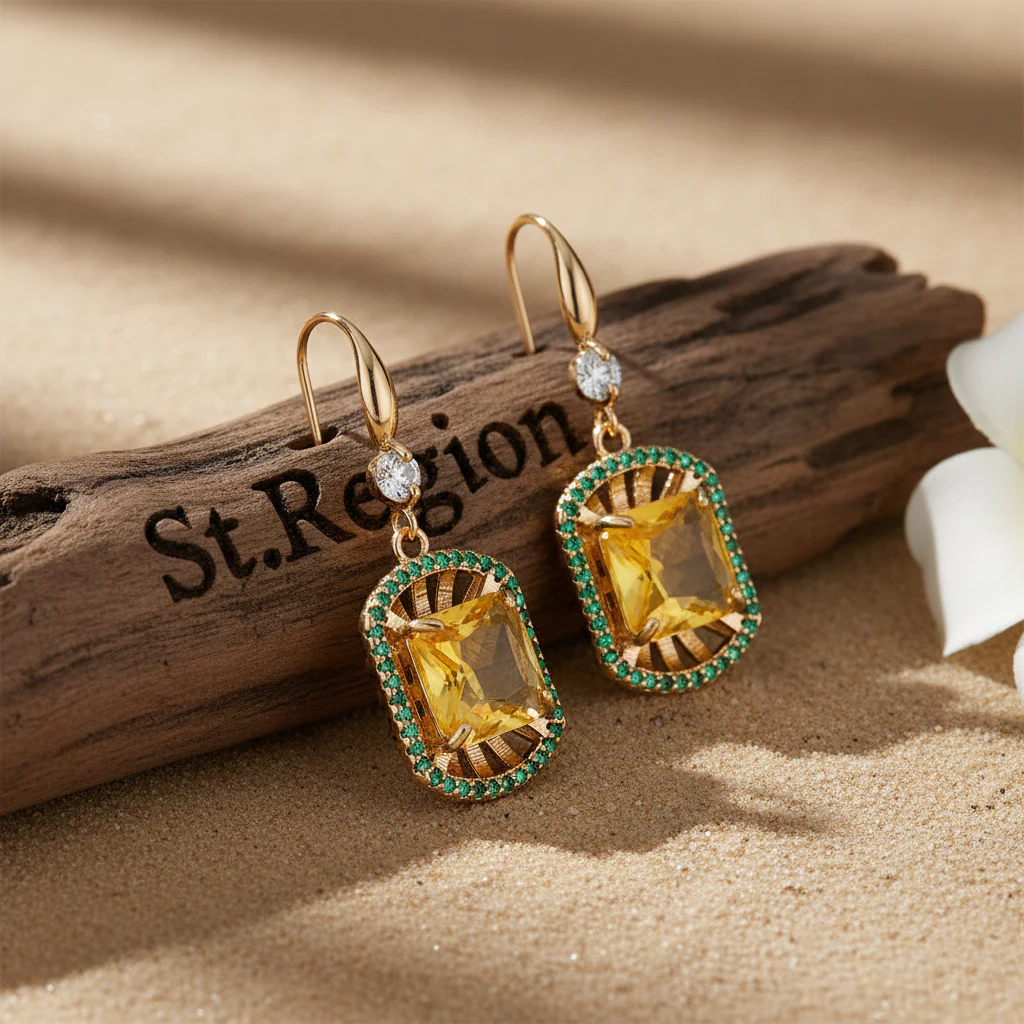 Yellow Crystal & Cubic Zirconia Goldtone Sunburst Spokes Hook Earrings - Image 2