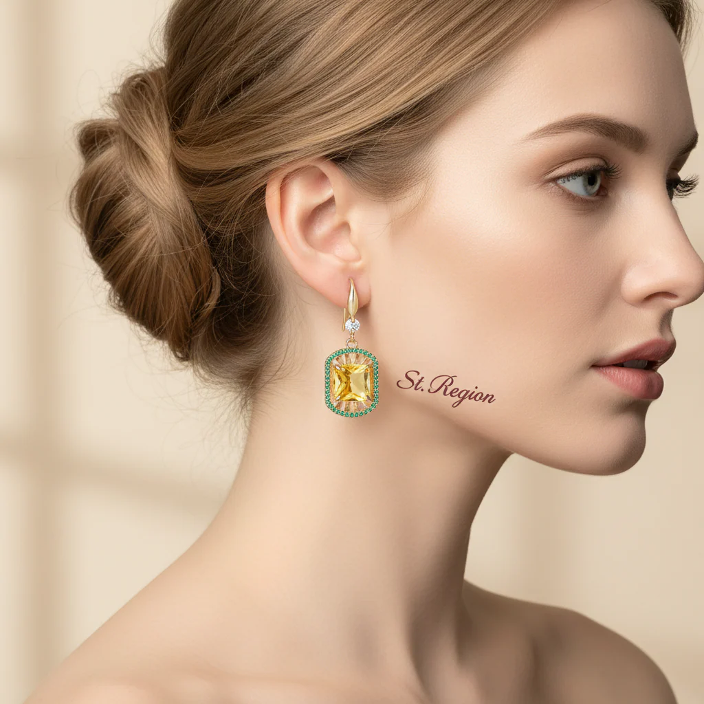 Yellow Crystal & Cubic Zirconia Goldtone Sunburst Spokes Hook Earrings - Image 5