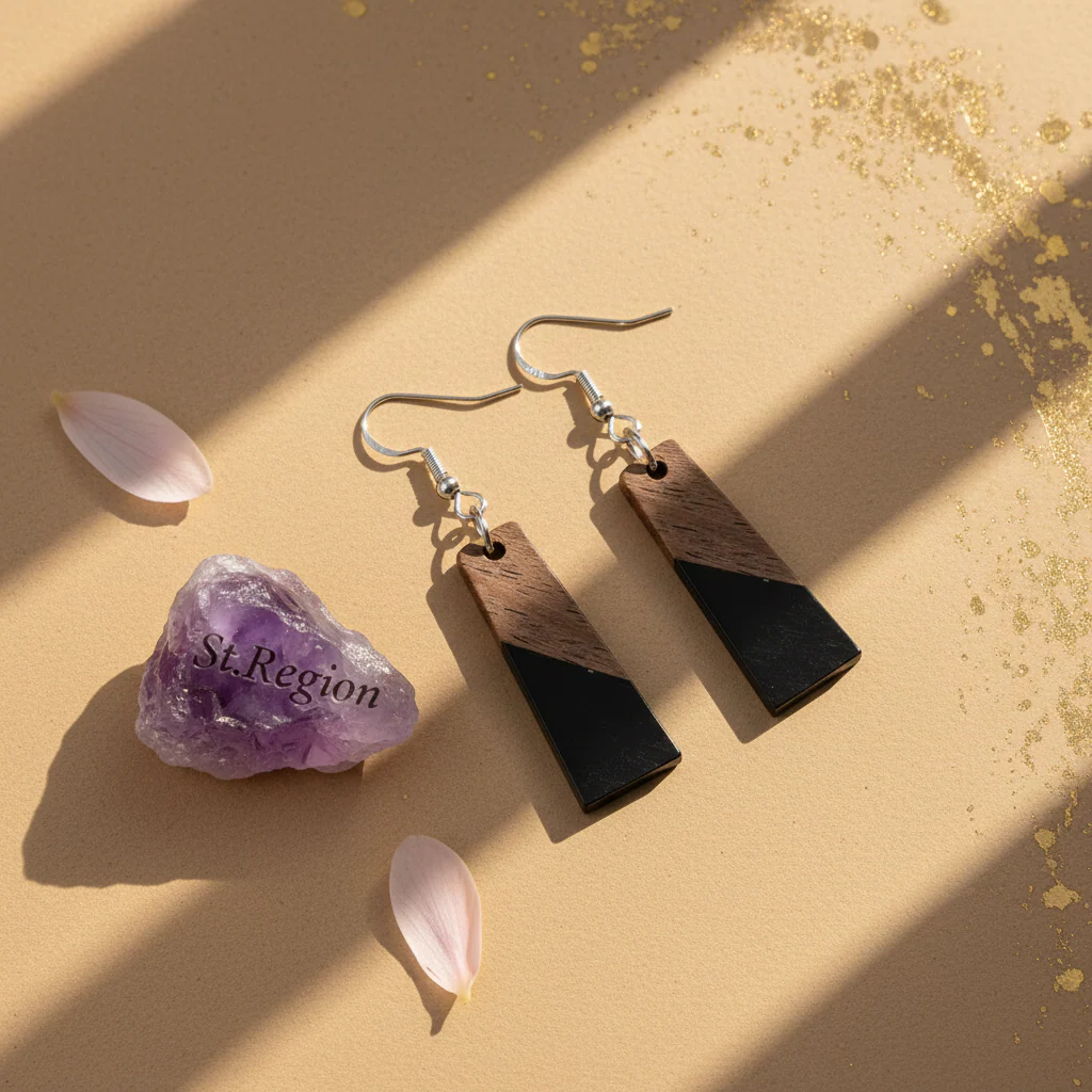 Black Resin & Wood Silvertone Patchwork Trapezoid‌ Hook Earrings - Image 3
