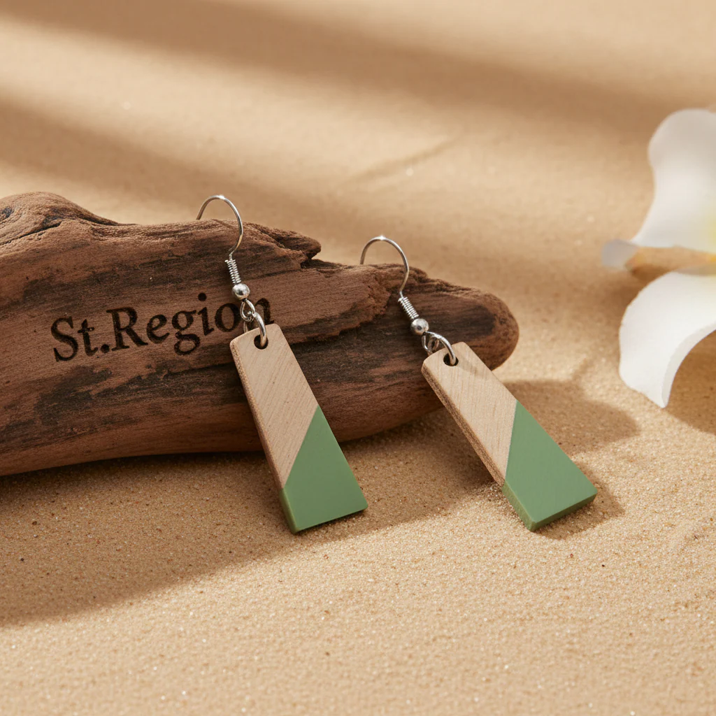 Green Resin & Wood Silvertone Patchwork Trapezoid‌ Hook Earrings - Image 2