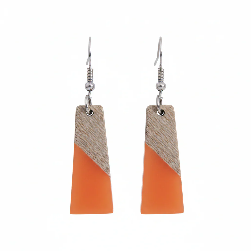 Orange Resin & Wood Silvertone Patchwork Trapezoid‌ Hook Earrings