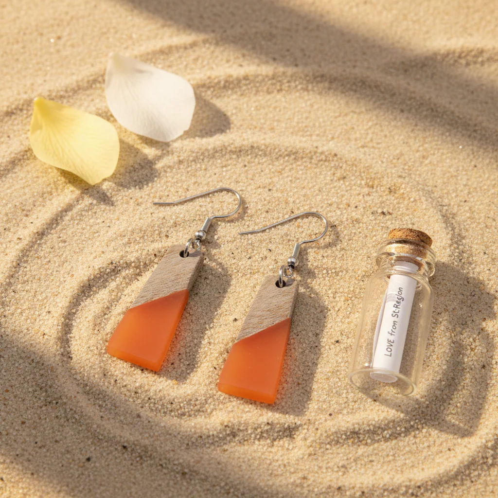 Orange Resin & Wood Silvertone Patchwork Trapezoid‌ Hook Earrings - Image 4