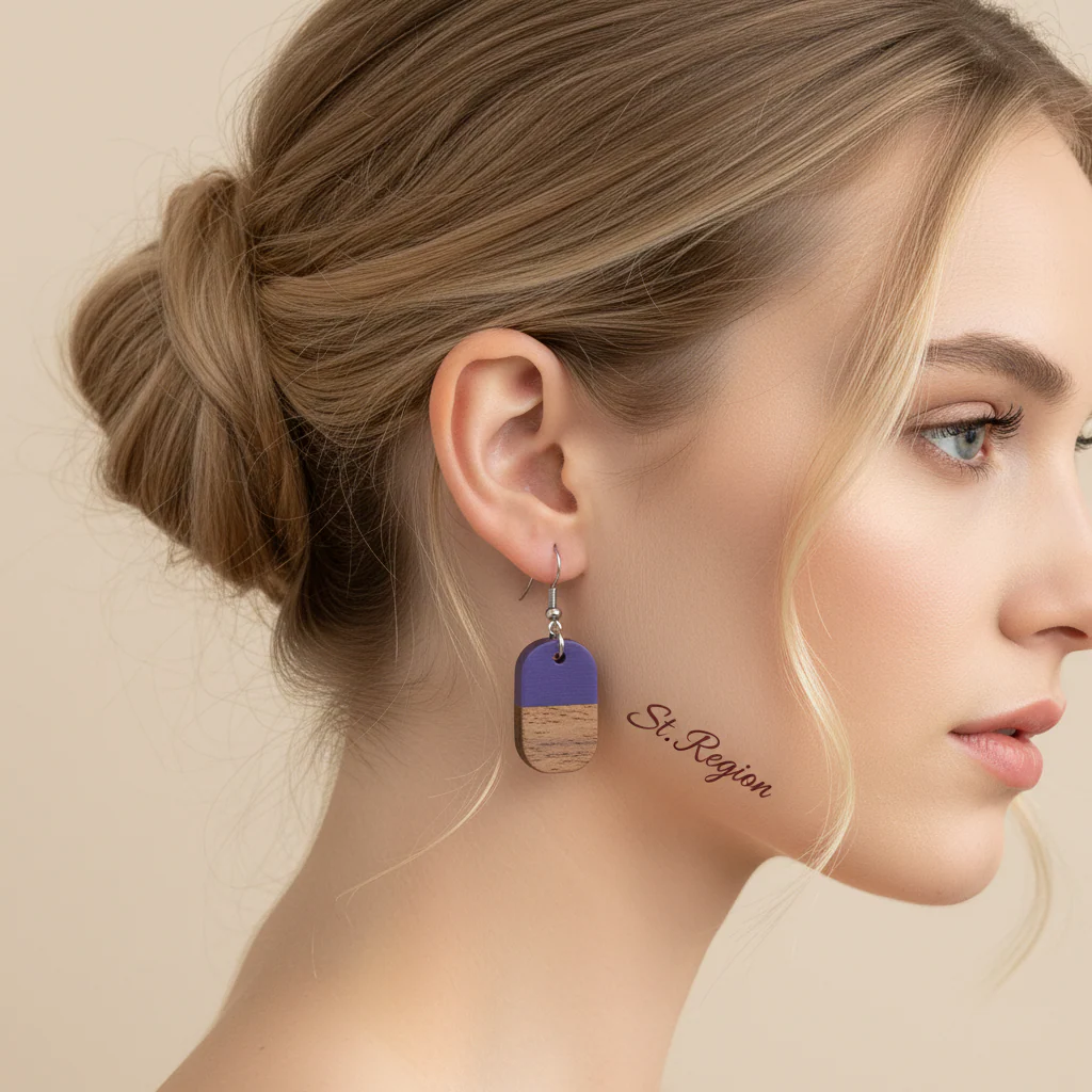 Purple Resin & Wood Silvertone Patchwork Rectangle Hook Earrings - Image 5