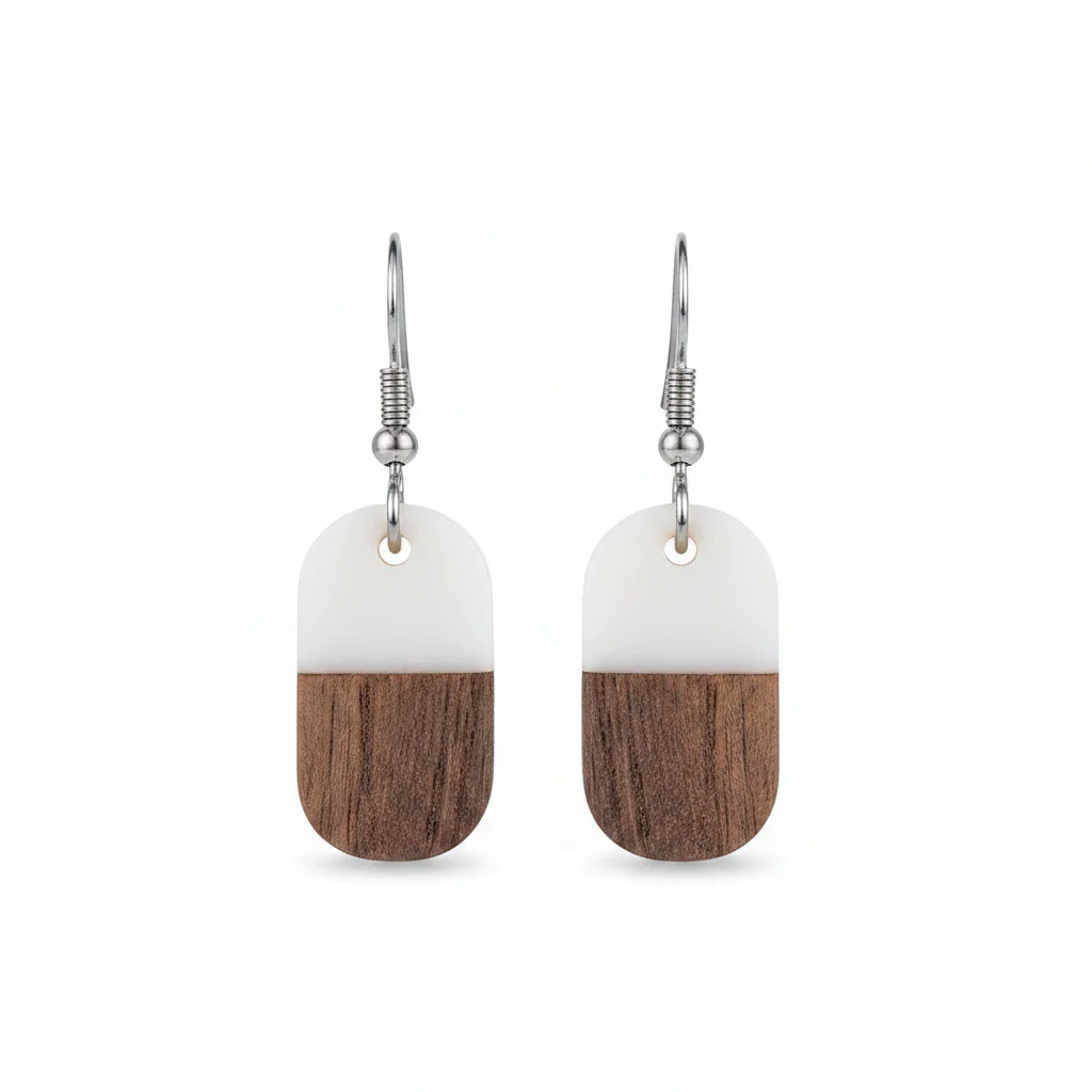 White Resin & Wood Silvertone Patchwork Rectangle Hook Earrings